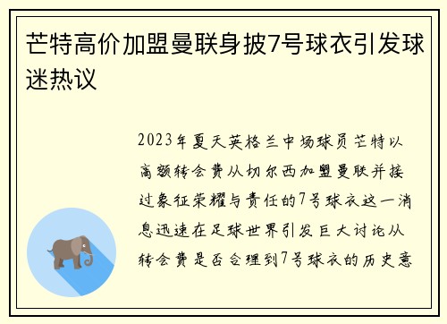 芒特高价加盟曼联身披7号球衣引发球迷热议